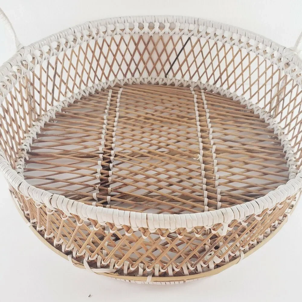 Round Basket w/ Handles White Accents Woven Rattan Wicker Rattan Wall Art